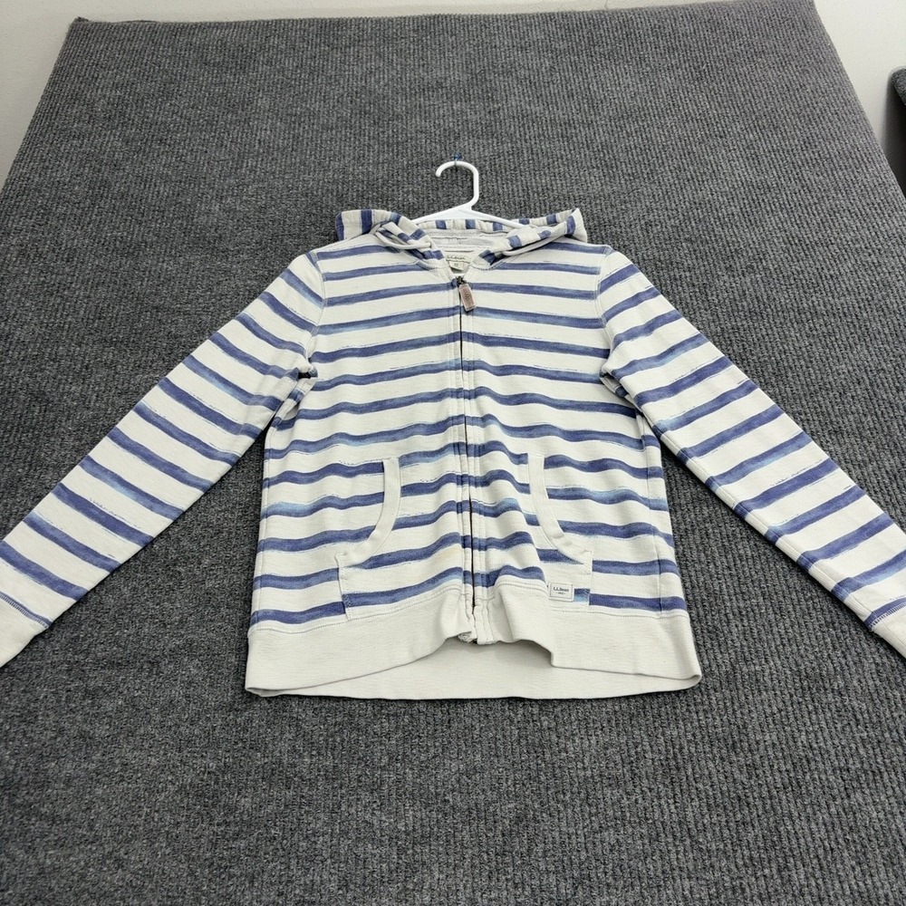 LL Bean Hoodie Womens XS White Blue Organic Cotton Striped Full Zip Coastal
